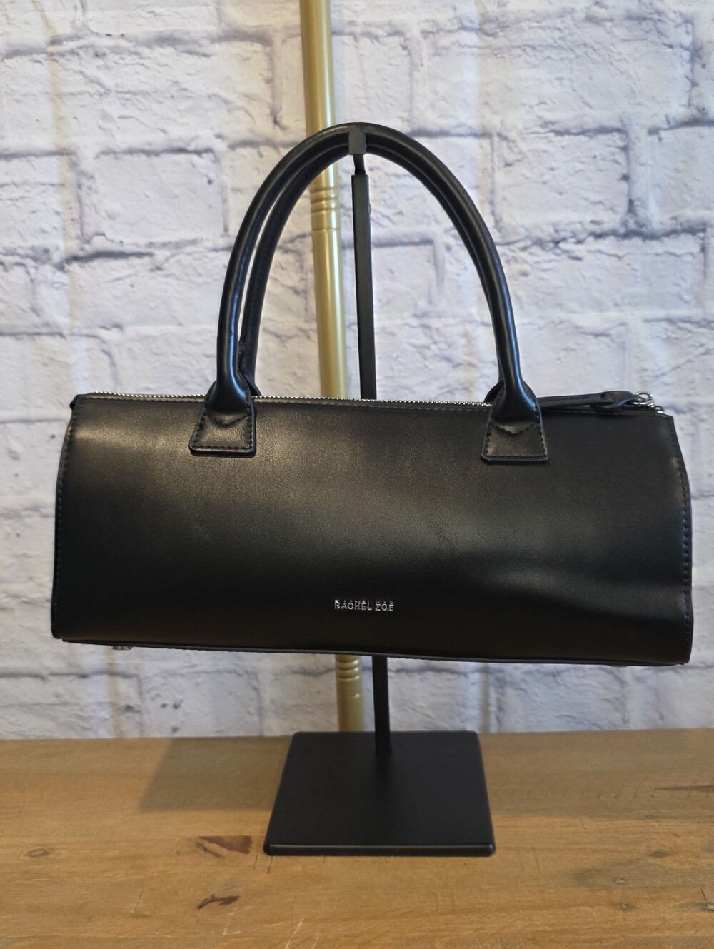 Rachel Zoe Black Leather Barrel Bag Dual Handle Zip Top